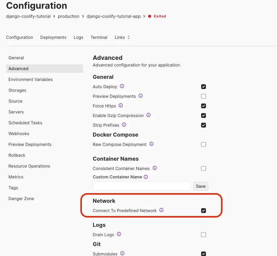 Coolify advanced variables